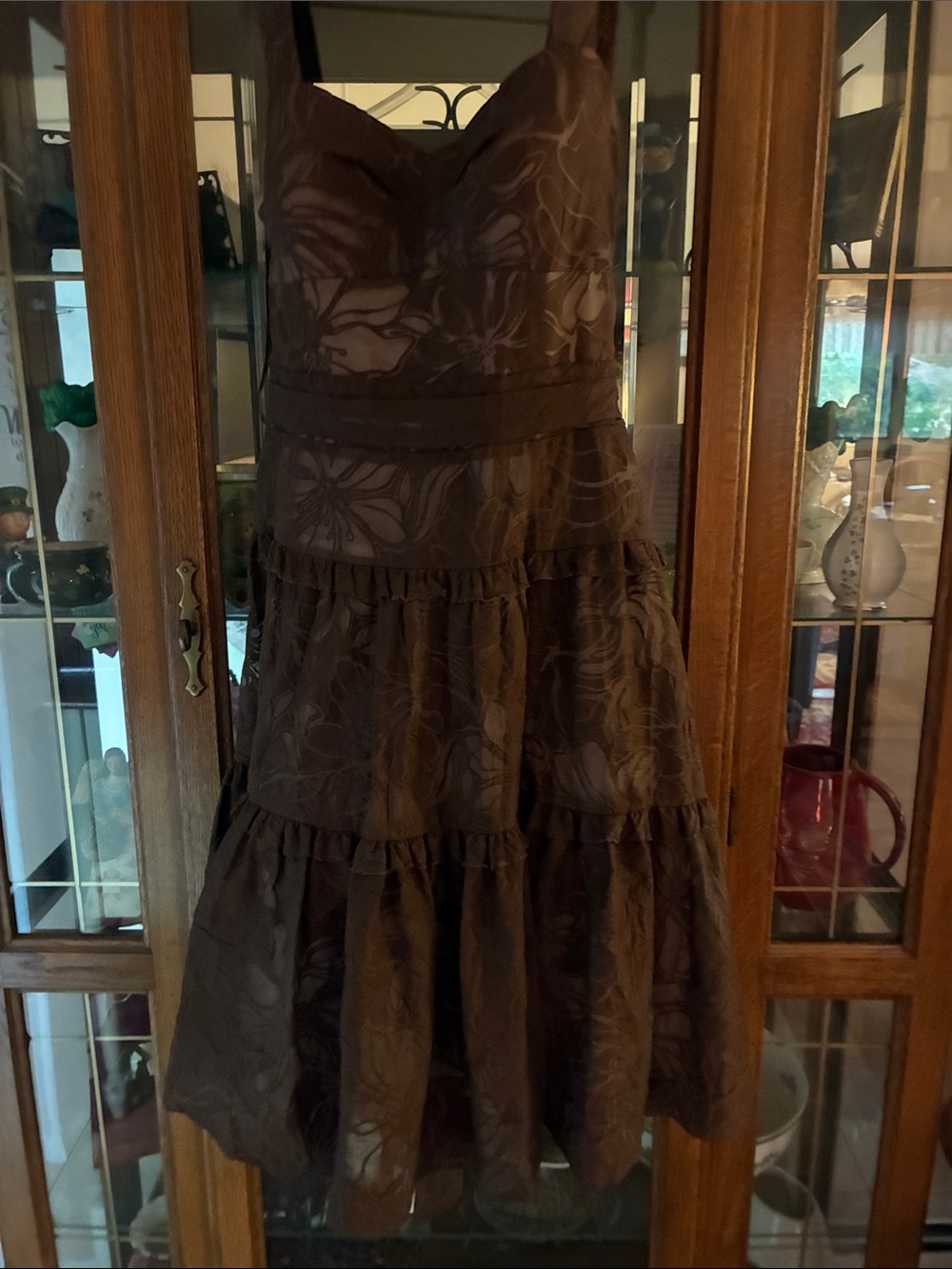 BCBG Brown Floral Strapless Tiered Sundress